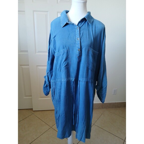 Song Of Style Chambray Tunic Dress Size 2X Belted Roll Tab Sleeve Knee Length - Picture 1 of 16